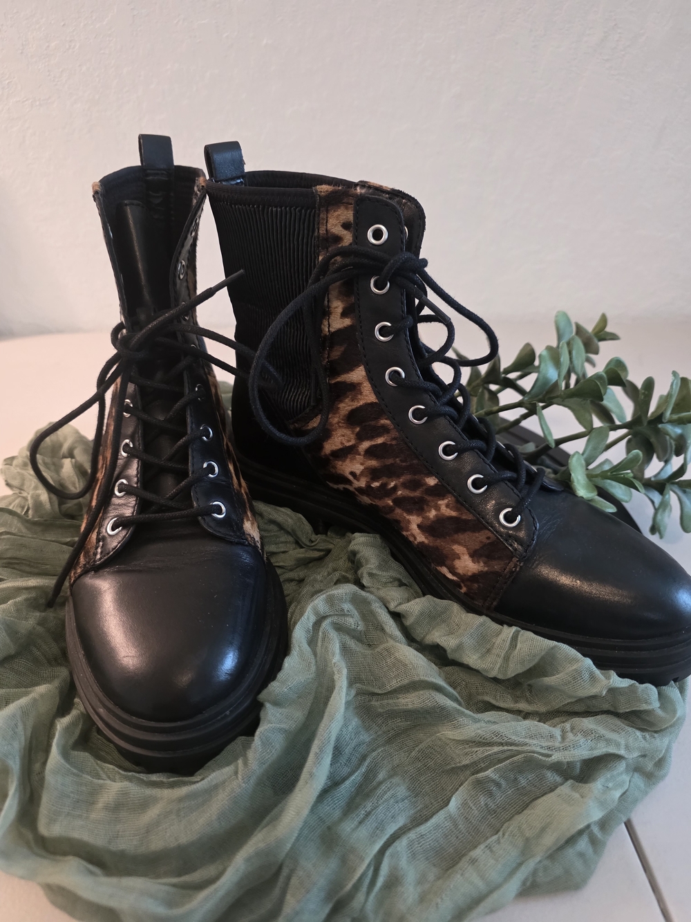 Vince Camuto Women's Leopard Print Combat Boots - Black and Brown